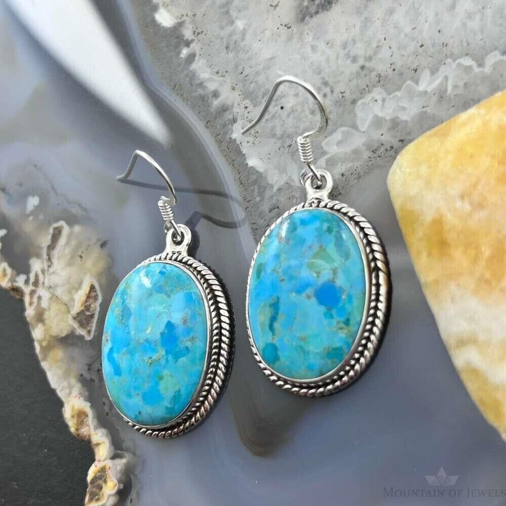 Sterling Southwestern Style Oval Mojave Turquoise Dangle Earrings For Women - Picture 5 of 10